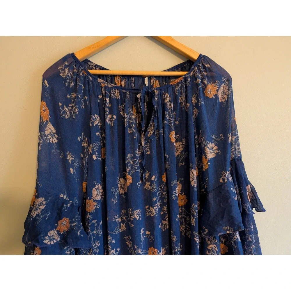 Free People Sunsetter Floral Ruffle Mini Dress Tunic Small Blue Sheer Festival